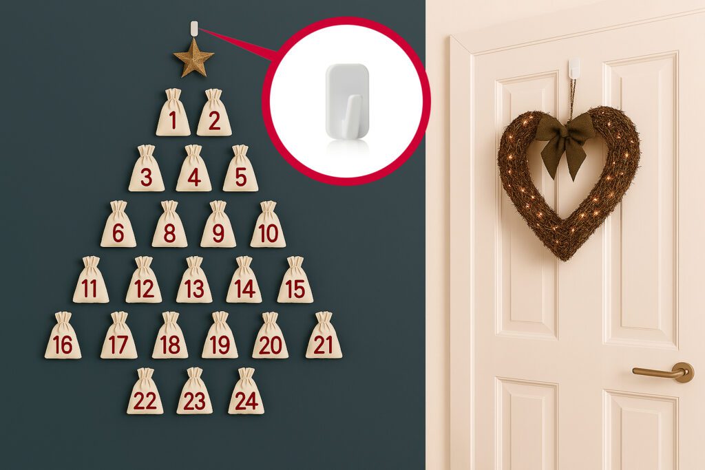 Fabric advent calendar bags arranged in a tree shape using removable wall hooks