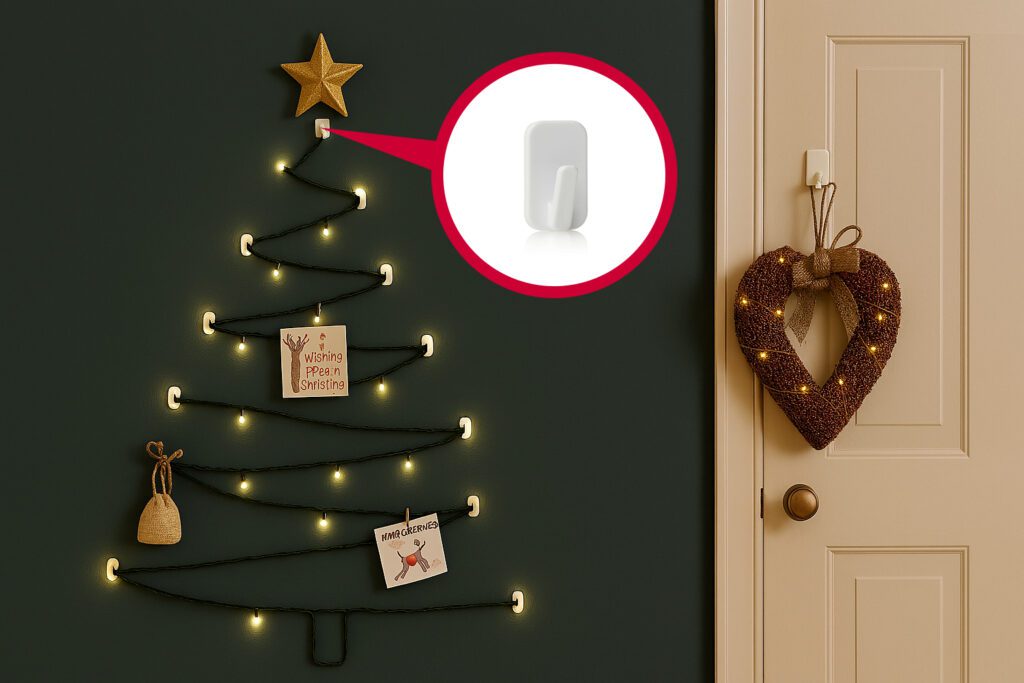 String light wall tree with holiday cards clipped on, a space-saving DIY Christmas decoration
