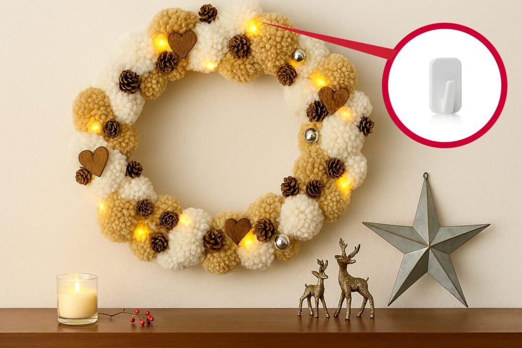Cute handmade pompom wreath with accessories and fairy lights